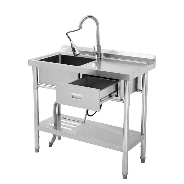 Yiwa Stainless Steel Utility Sink, 39 Inch Free Standing Single Bowl with Drawer, Integrated Workbench, Storage Rack, Faucet, and Complete Plumbing Set for Home or Commercial Applications