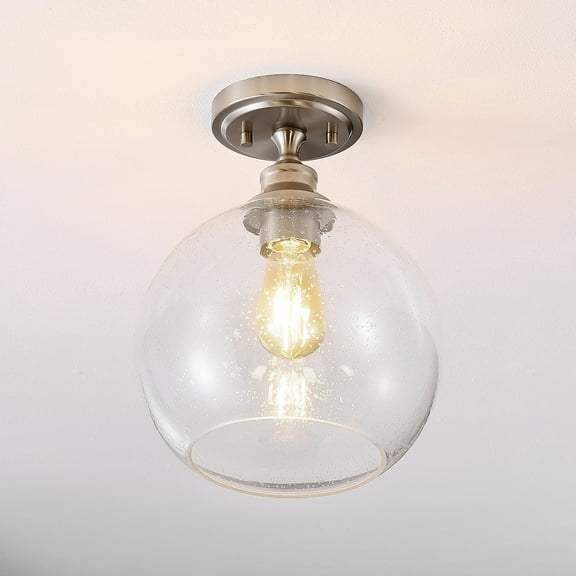JONATHAN Y Marla 9.75" 1-Light Bohemian Farmhouse Iron/Seeded Glass LED Semi Flush Mount, Nickel/Clear, JYL7566A