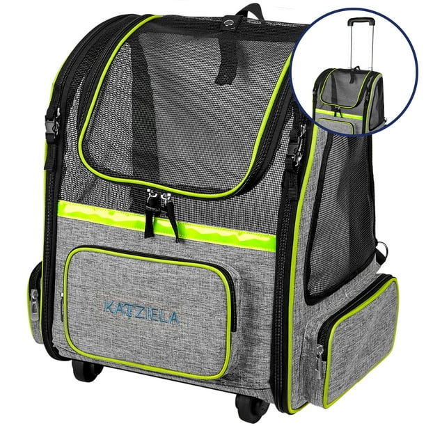 Katziela Wheeled Pet Carrier Backpack, Airline Approved, Gray & Green