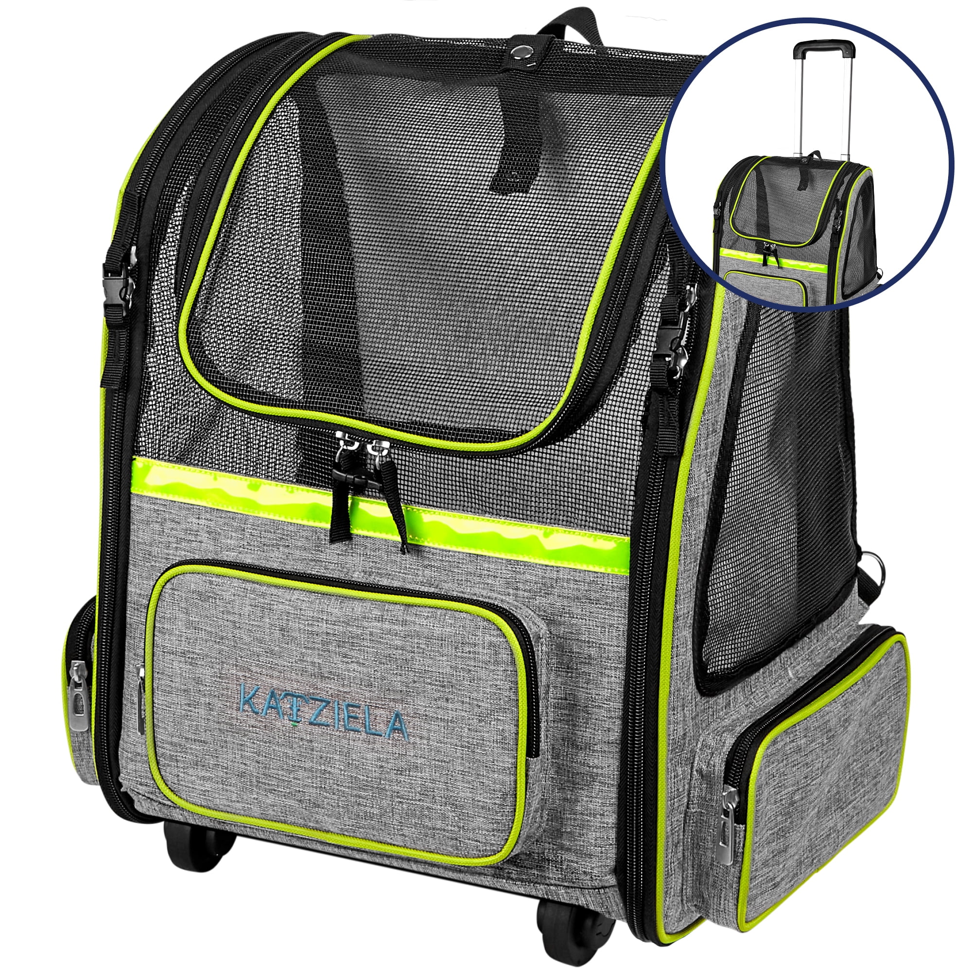 Katziela Wheeled Pet Carrier Backpack Airline Approved Gray Green 