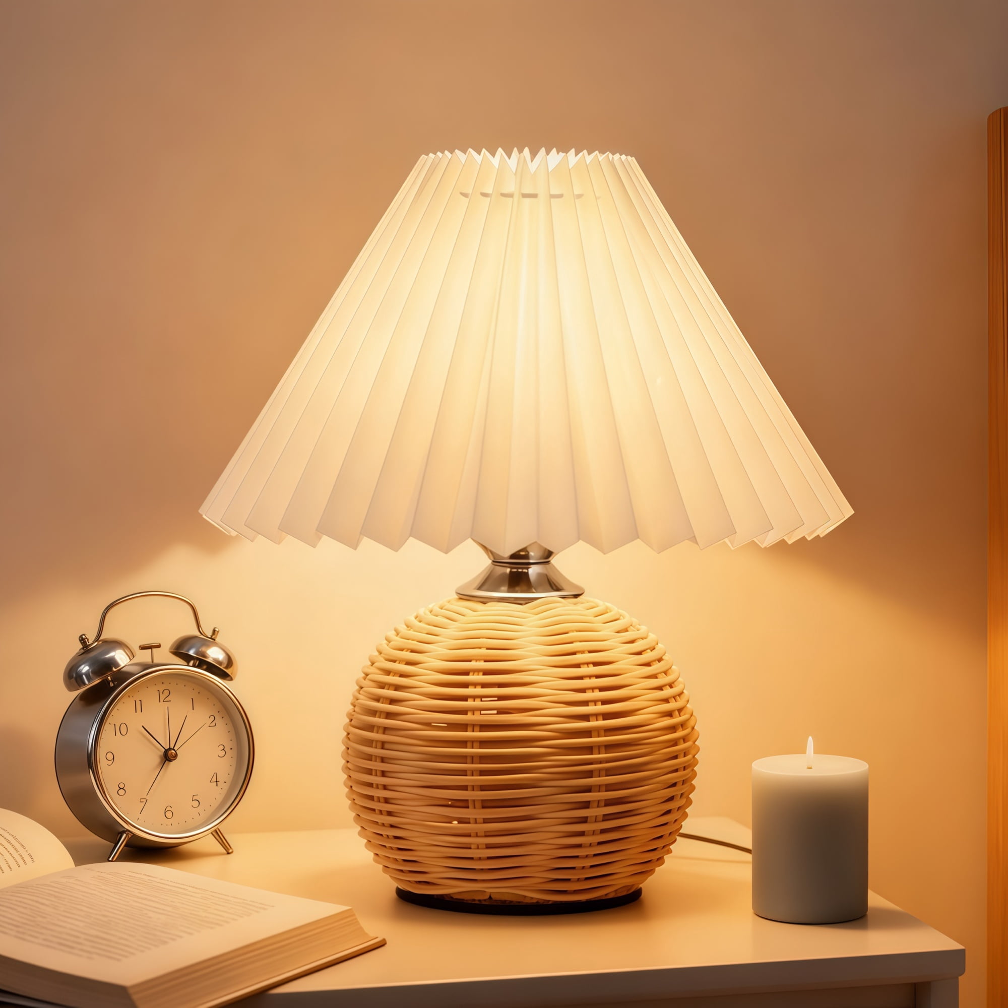 MEHOOM Pleated bamboo Table Lamp, Modern Bedside Nightstand Lamp with Beige Lampshade Rattan Metal Base, Table Lamps for Bedroom, Living Room, Home Office Decor