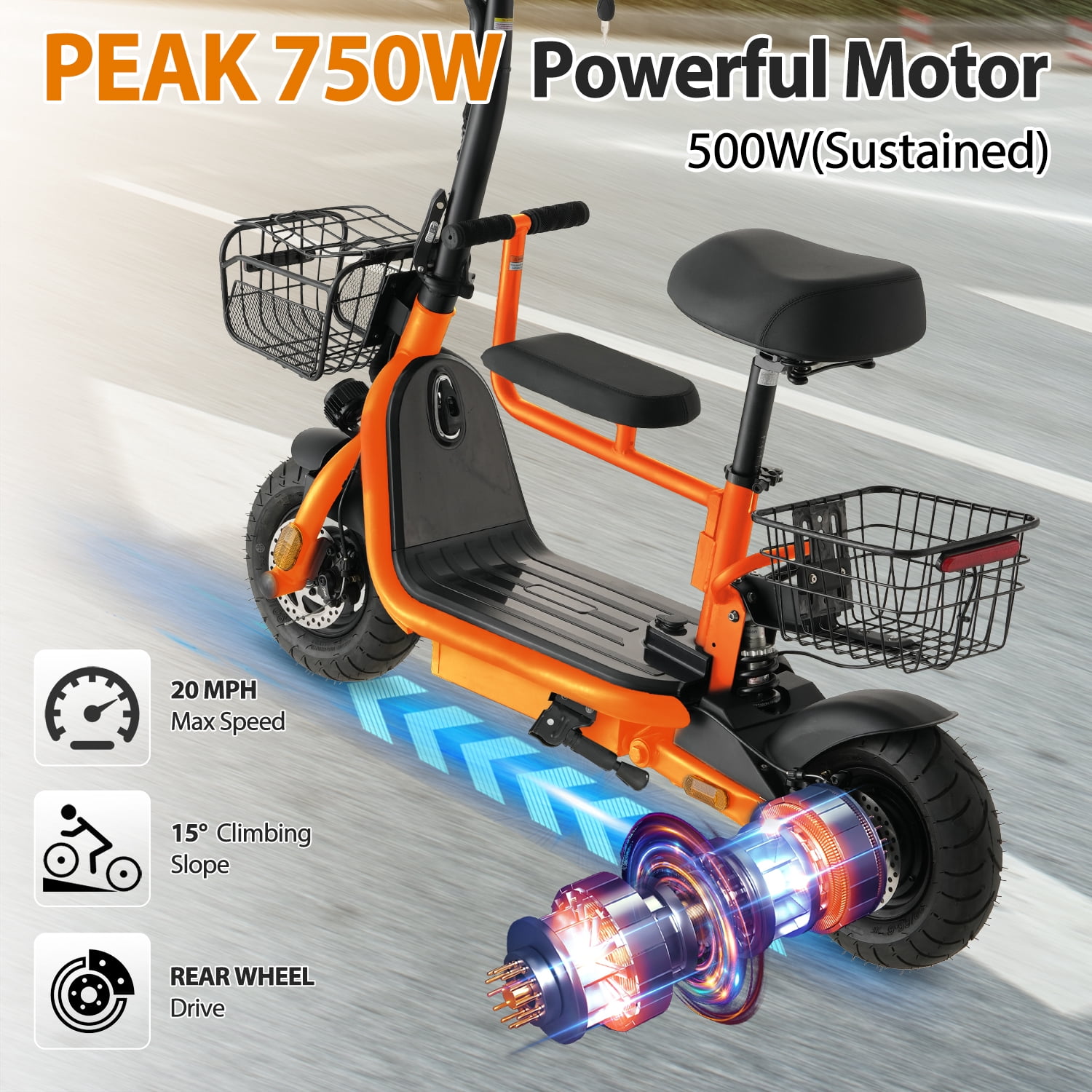 Skeri Electric Scooter for Families – Parent & Child Seats, Dual Storage Baskets,Foldable Handlebar Family Electric Scooter with Bright Front/Rear Lights, 750W 20MPH 25 Mile Distance
