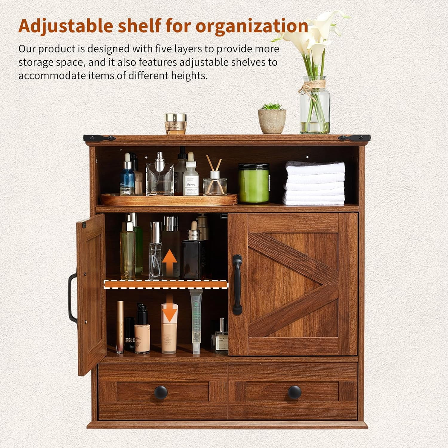 25" Wide Wall-Mounted Bathroom Cabinet with Barn Doors, Over-Toilet Storage with Adjustable Shelf & Drawer, Hanging Cabinet for Bathroom, Kitchen, Laundry, or Entryway