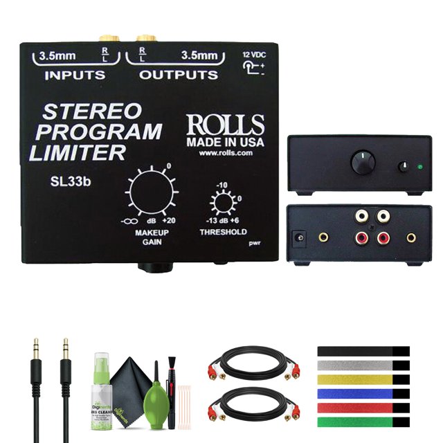 Limitador de Programa Estéreo Rolls SL33B con Bridas Reutilizables Cable Auxiliar de 3,5 Mm 2 Cables de Audio Estéreo Dorados RCA Macho A Macho 6 Pies Kit de Limpieza