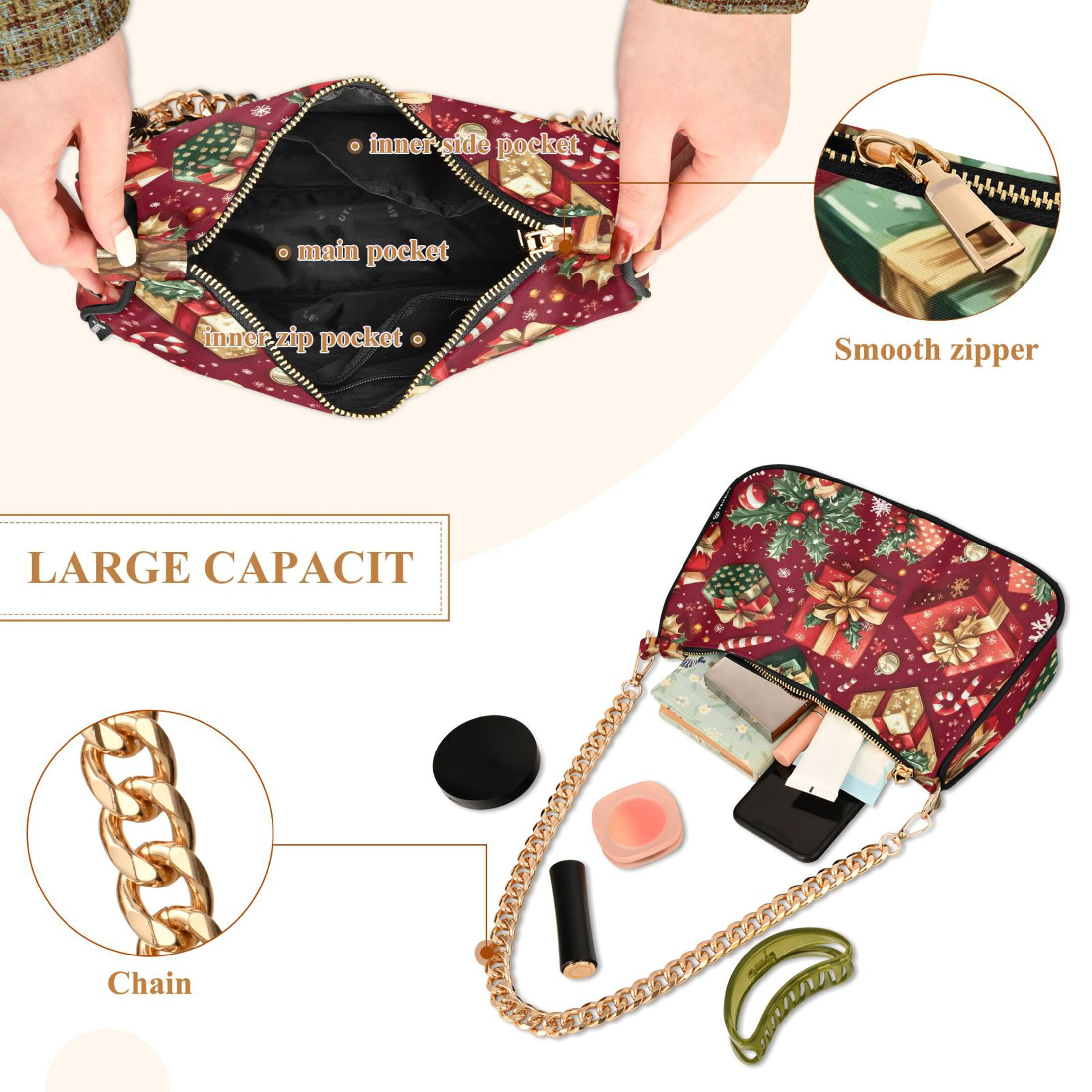 Ryvnso Christmas Candy Snowflake Womens Chain Shoulder Bag Tote Handbags Clutch Hobo Purse with Zipper for Travel
