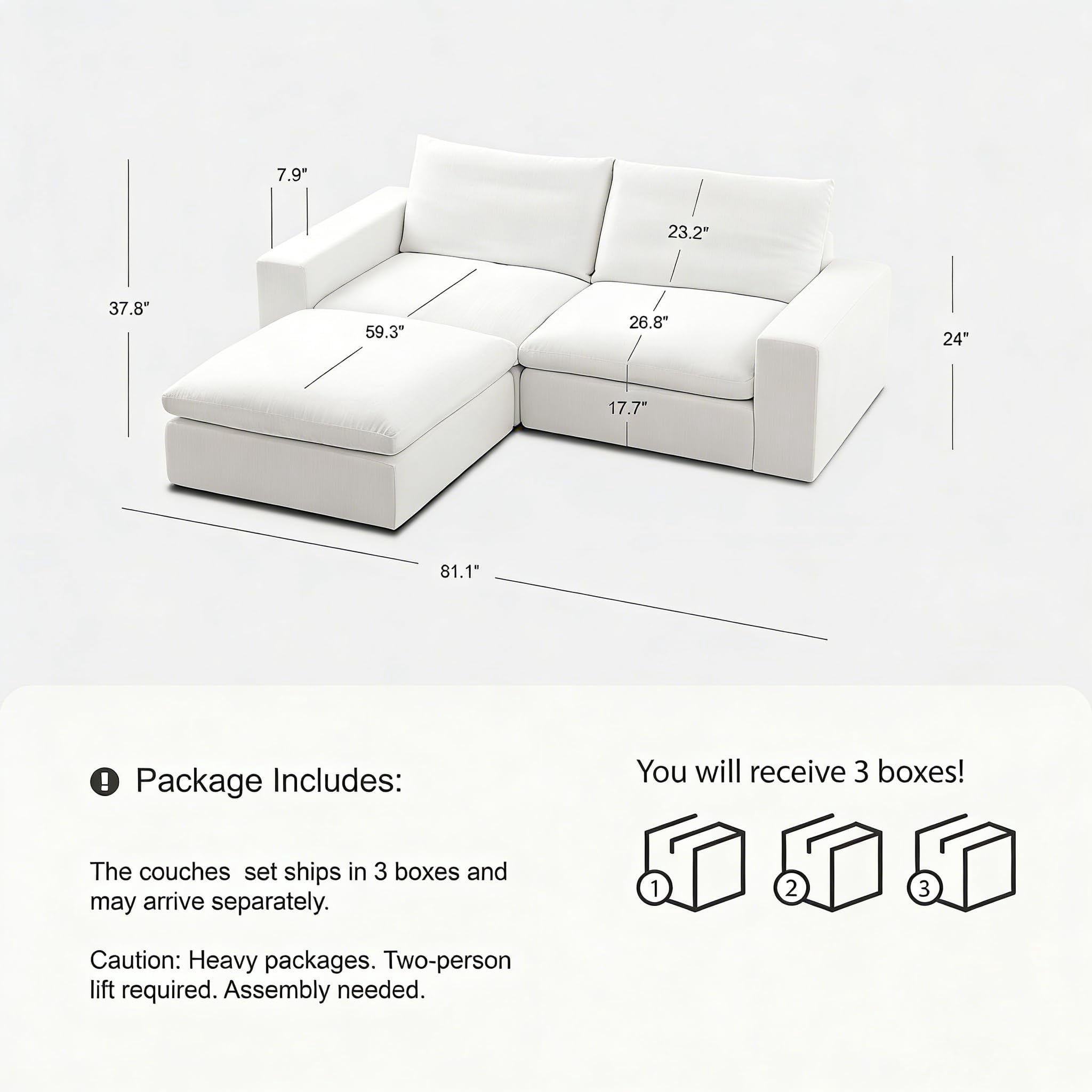 Vorthio 78.7" Cloud Couch Oversized Modular Sectional Sofa, Loveseat Sofa , Wide & Deep Seat Couches with Metal Frame for Living Room, 2 Seats & 1 ottoman,White