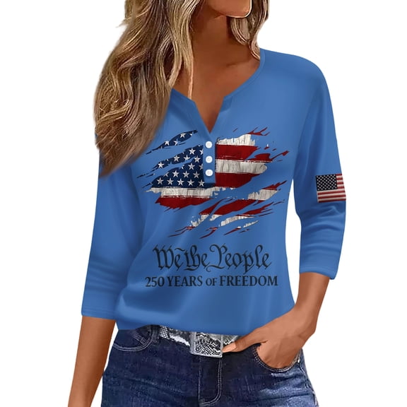 Women's 250th America Anniversary V Neck T-Shirt USA Flag Tee 3/4 Sleeve 250 Years of Freedom Shirt