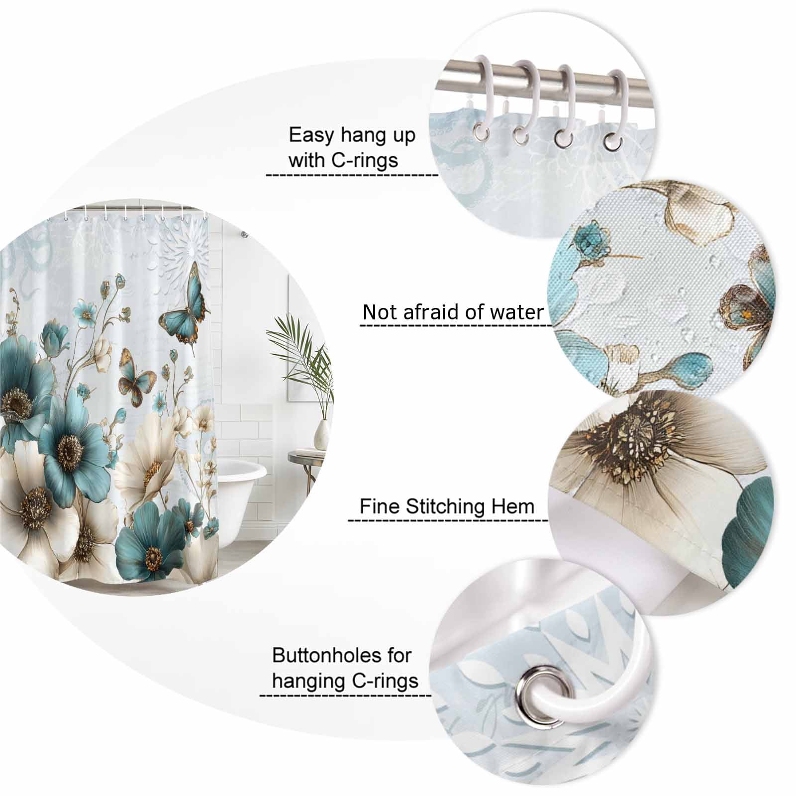 Teal Tulip Butterfly Shower Curtain, Waterproof Shower Curtains for Bathroom, Beige Turquoise Floral Blue Coastal Washable Fabric Bathtub Curtain Set Bath Decor with 12 Hooks 72"x78"