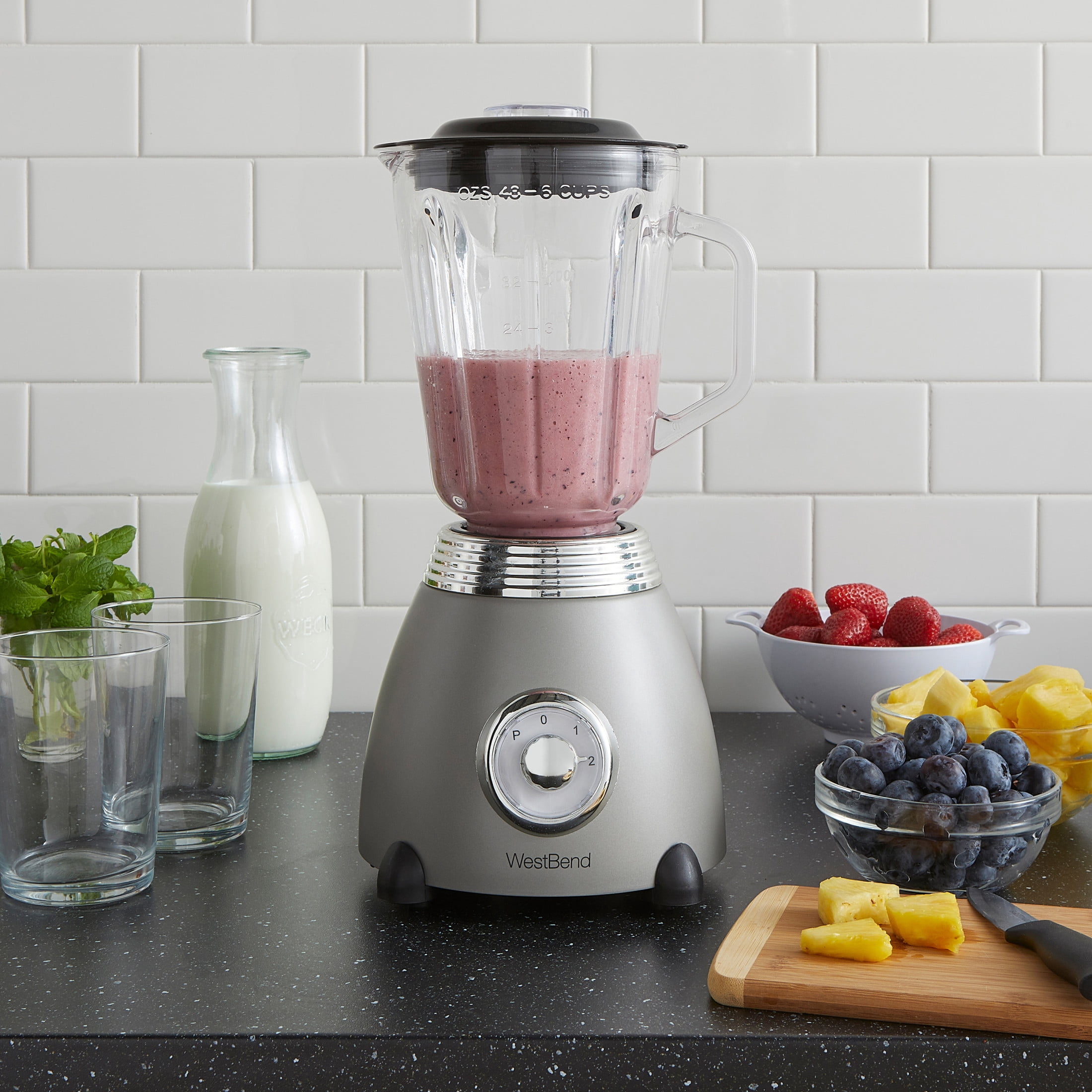 West Bend Retro-Style 2-Speed Blender with Pulse Function and BPA-Free Glass Jar, 48oz. Capacity, in Gray (BLWBRTGR13)