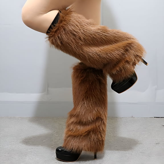 TELOLY 1 Pair Plush Elastic Solid Color Thick Leg Warmers Autumn Winter Women Warm Faux Fur Boot Stockings Brown Furry Leg Warmers