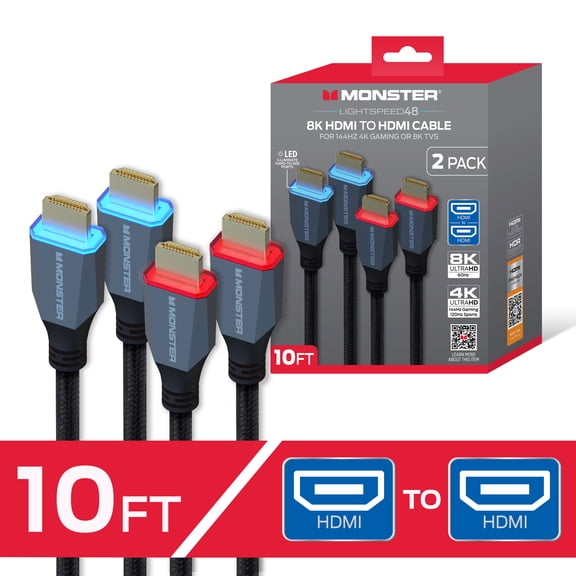 Monster 8K HDMI Cable 2 Pack 10 ft, Ultra High Speed HDMI 2.1 Cords with LED Illuminated Connectors, 48Gbps, 8K 60Hz & 4K 144Hz Gaming, HDR, Compatible with PS5, Xbox Series X, TVs, Monitors