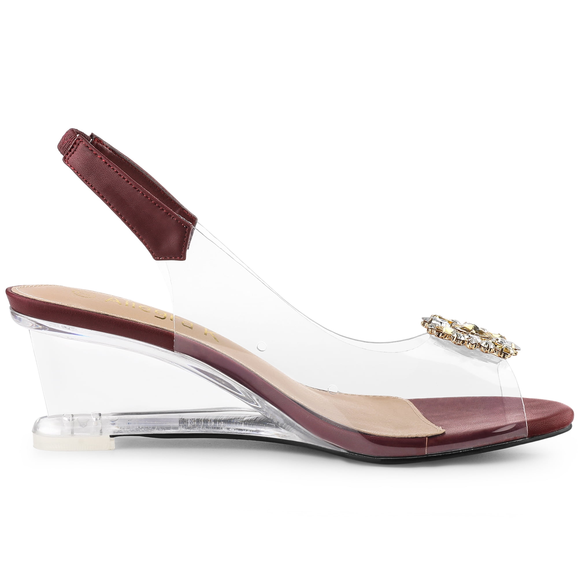 DARING DIVA Women's Clear Slingback Wedges Rhinestone Peep Toe Heels Burgundy 8