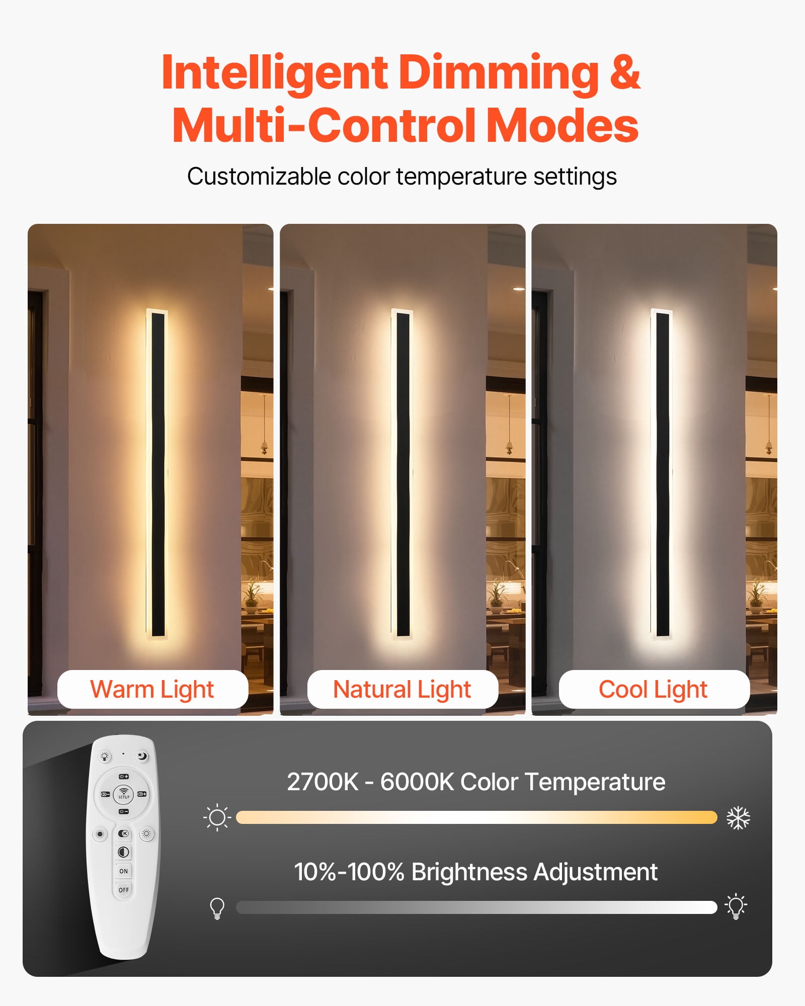 VEVOR Outdoor Wall Lights, 2 Pack,39.4 Inch Long Strip Modern Exterior Wall Sconce Light Fixtures, 2700K-6000K, IP65 Waterproof Anti-Rust, Dimmable Outside Wall Mount Lighting, for House Porch Garage