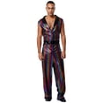thumbnail image 4 of TiaoBug Men's Retro 70s Outfit Disco Dance Jumpsuit Sleeveless Shiny Metallic V-Neck Bodysuit Clubwear Rainbow L, 4 of 7