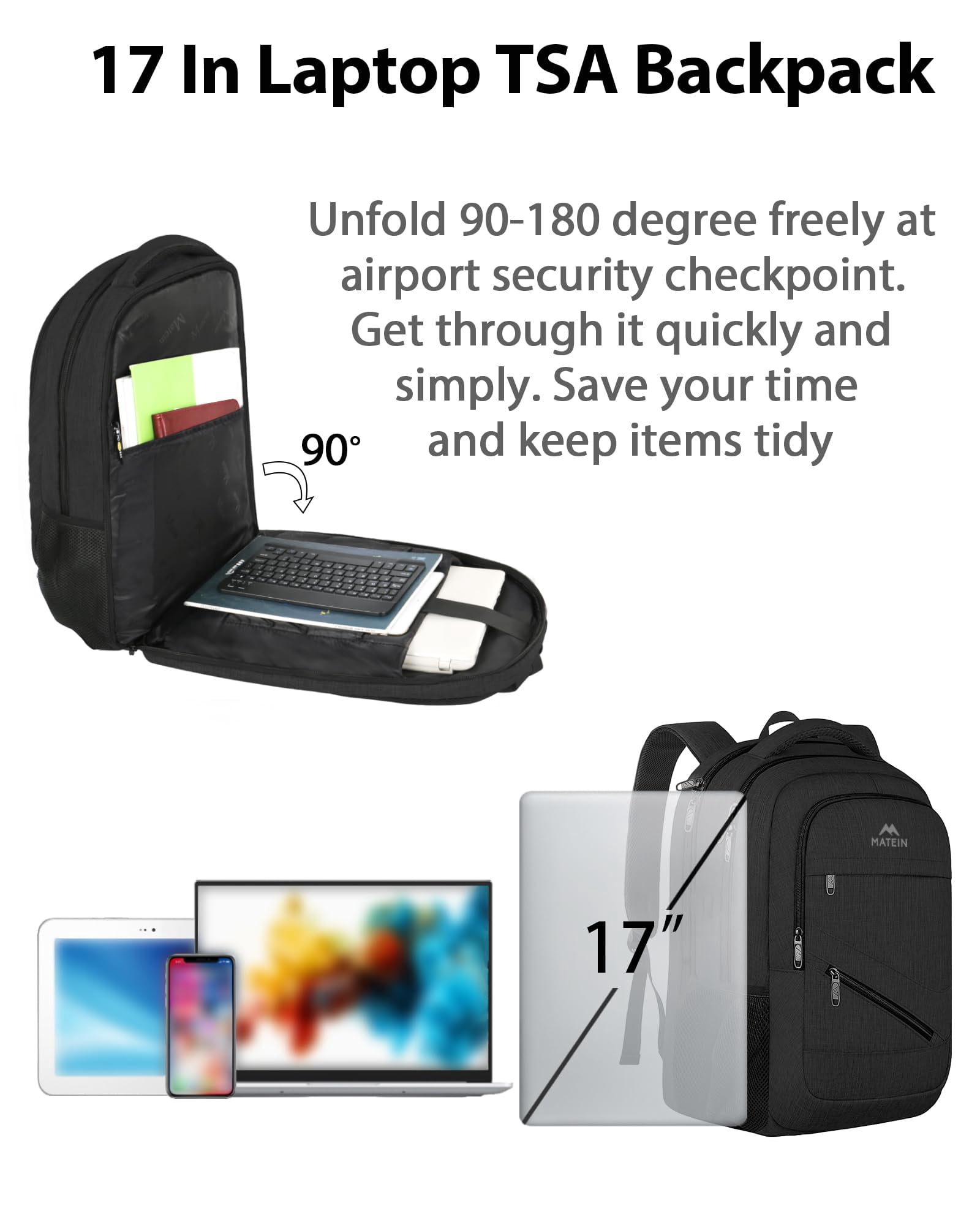 Matein Travel Backpacks for Men Women, TSA Approved Carry on Work Backpack with Trolley Sleeve and Anti Theft Pocket, 30L Capacity, Black