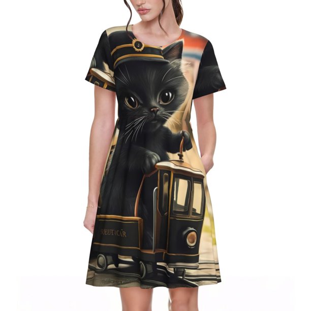 Balery Adorable Kitten On Mini Train Vestidos sueltos de manga corta para mujer, vestidos de verano 2025, vestidos casuales de corte A con vuelo.