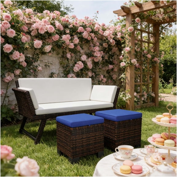 JERFIT 2-Pack Outdoor Ottoman Cube Storage Stools, Patio Footrest with Washable Cushion, PE Wicker & Steel Frame, Brown/Dark Blue