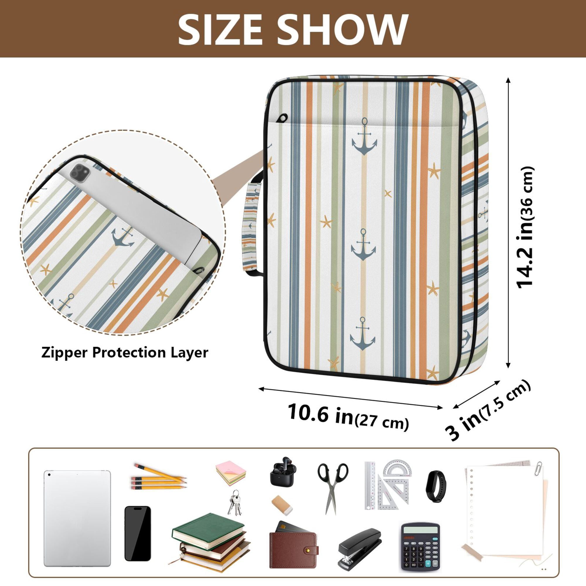 FORMRS Accordion File Folder A4 Size 7-Pocket Expanding Document Organizer Bag with 3 Ring Binder, Nautical Pattern