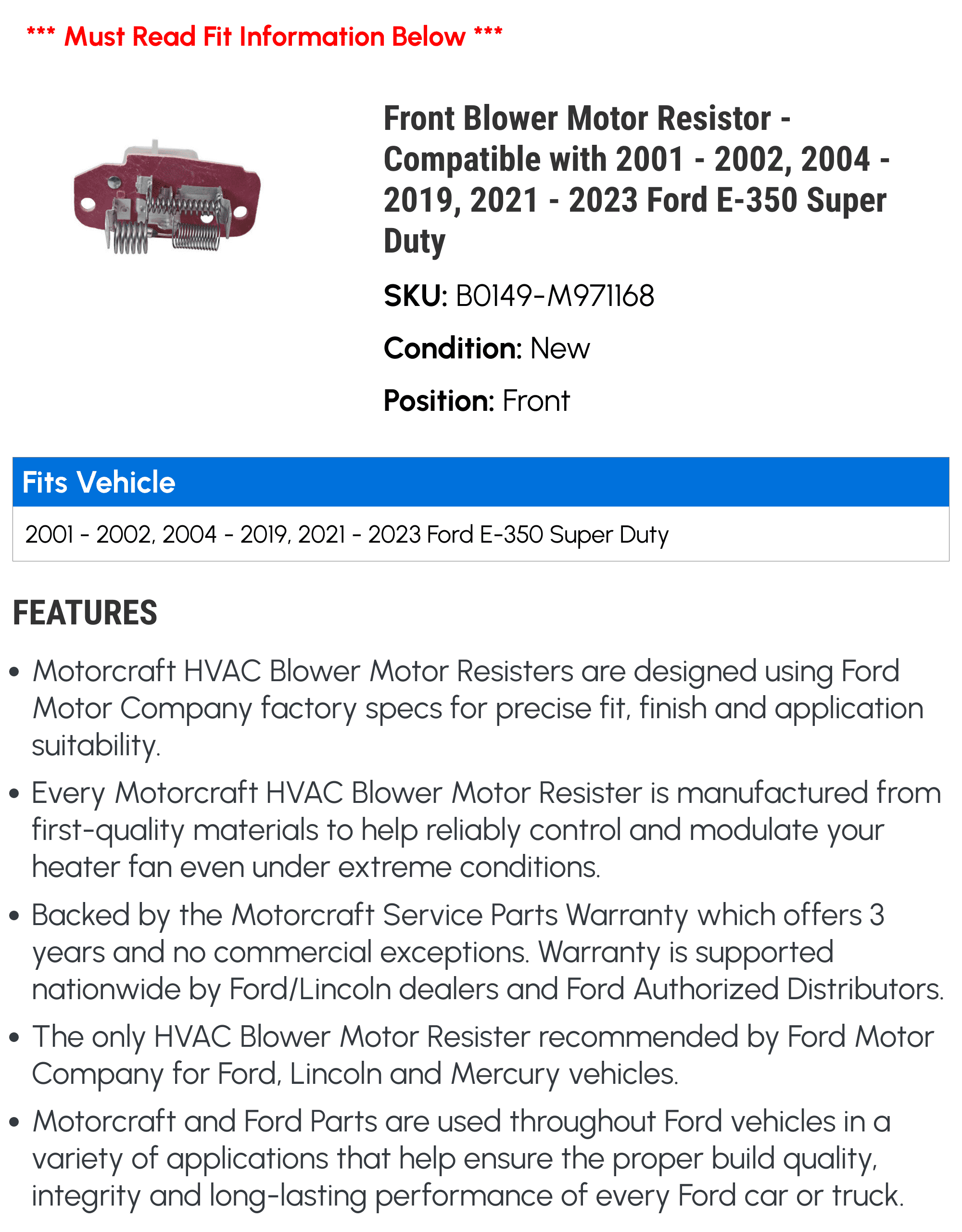 Front Blower Motor Resistor - Compatible with 2001 - 2002, 2004 - 2019, 2021 - 2023 Ford E-350 Super Duty 2005 2006 2007 2008 2009 2010 2011 2012 2013 2014 2015 2016 2017 2018