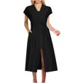 thumbnail image 2 of Ailaofu Women's Solid Color Fold V Neck Front Zip Elegant Comfort Midi Dress with Functional Pockets, 2 of 7