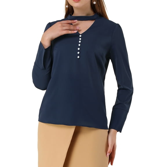 Allegra K Women's Keyhole Stand Collar Blouse Long Sleeve Button Front Shirt Top