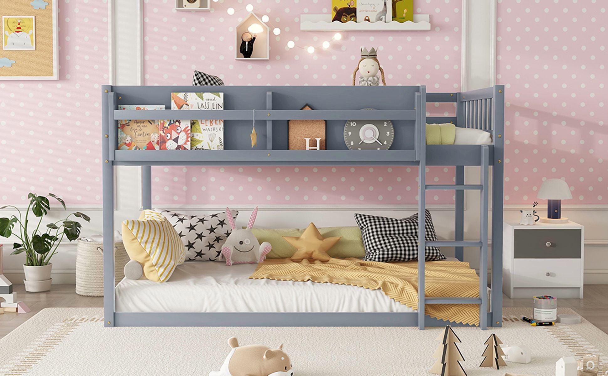 HOQBN Bunk Bed Twin Over Twin,Solid Wood Low Floor Bunk Bed with Ladder,Gray