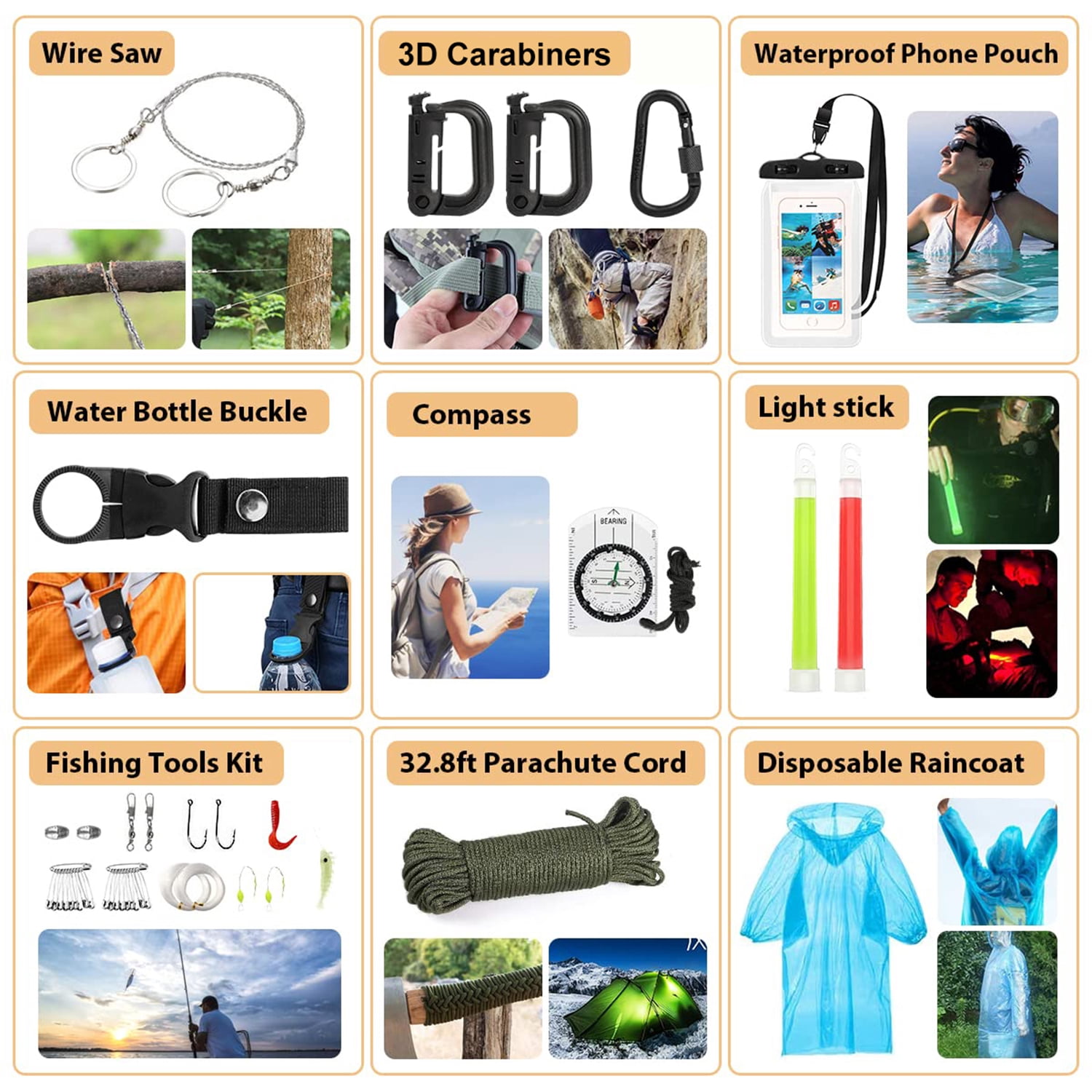 Kaqinu Survival Kit 250 Pcs with Molle System Compatible Bag,Emergency Tent,Flashlight and more Great Gift for Men Camping Outdoor Adventures