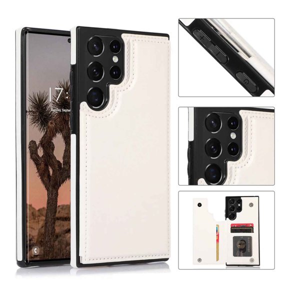 Compatible with Samsung Galaxy S23 Ultra Wallet Case PU Leather Flip Kickstand Cover with Magnetic Clasp-White