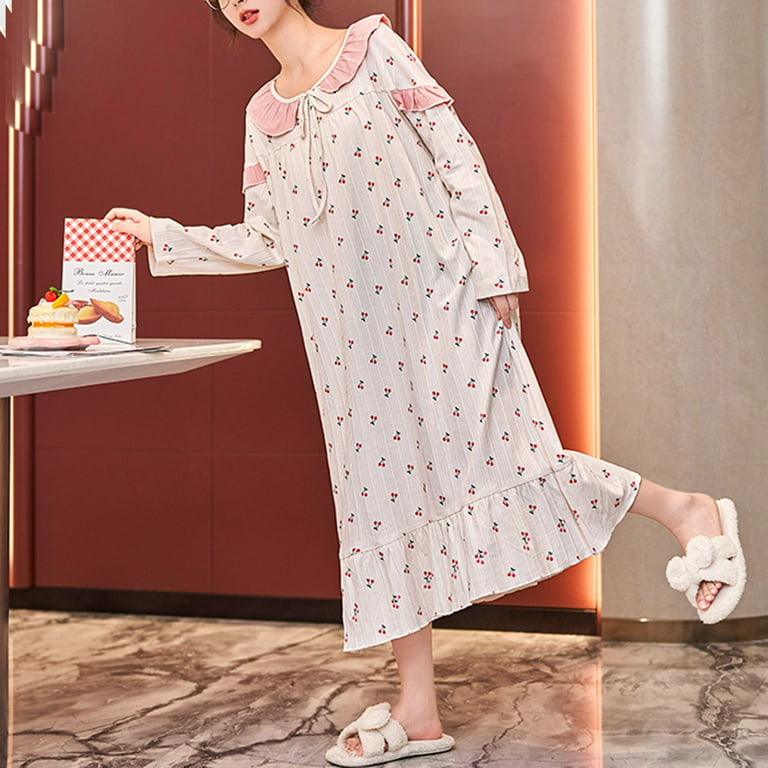 Homgro Women's Cute Long Sleeve Nightgown Padded Midi Sleep Dress Ruffle  Nighty Cotton Sleepwear Beige 12