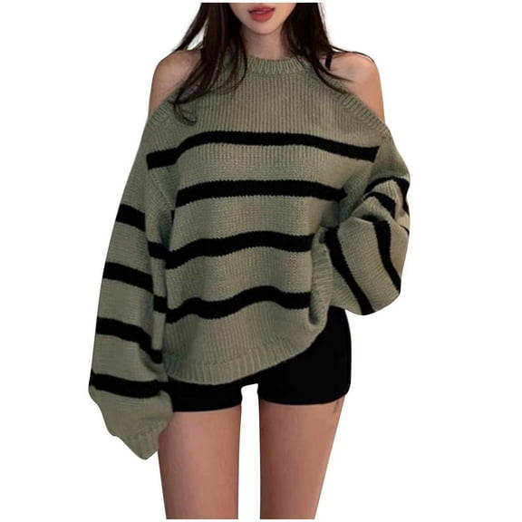 Off The Shoulder Sweater for Women Striped Long Sleeve Cable Knit Pullover Top Olive Green Free Size