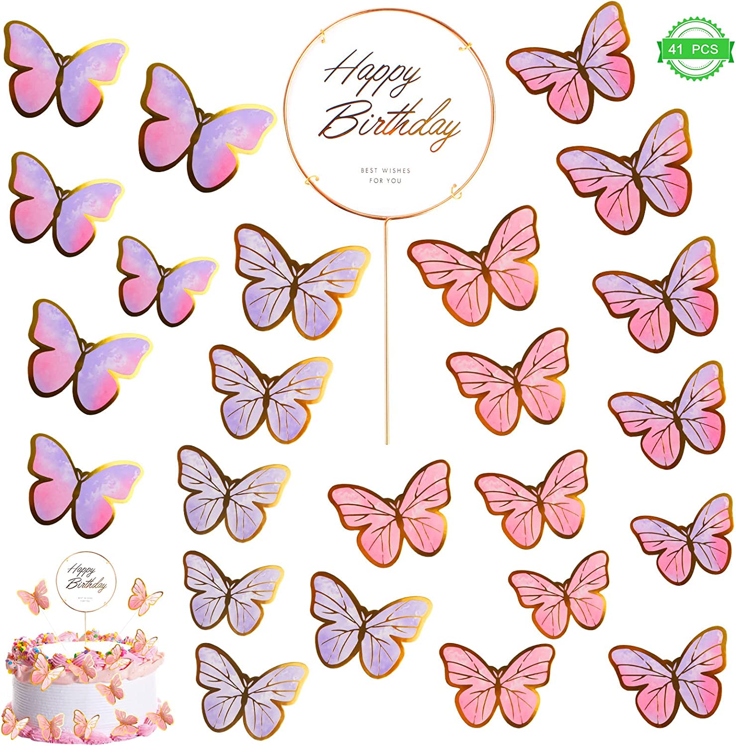 41Pcs Butterfly Cake Toppers Birthday Cake Decorations Butterfly Cupcake Toppers Happy Birthday