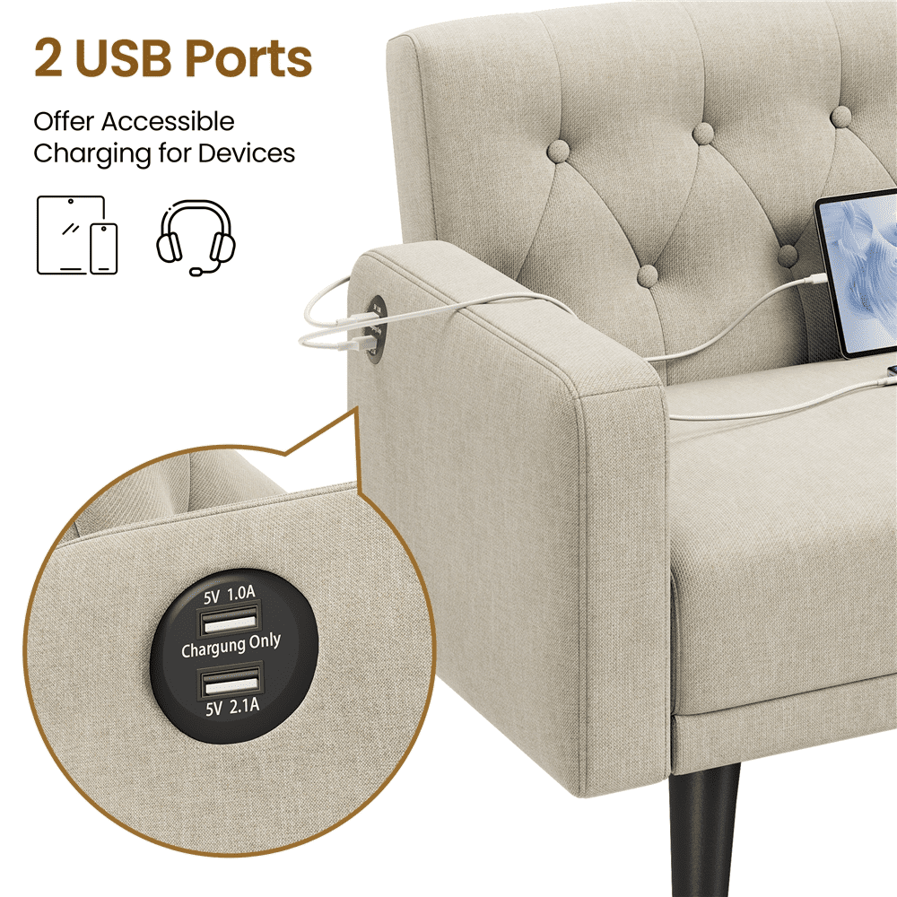 Renwick 63in Convertible Futon Sofa Bed with USB Ports, Beige