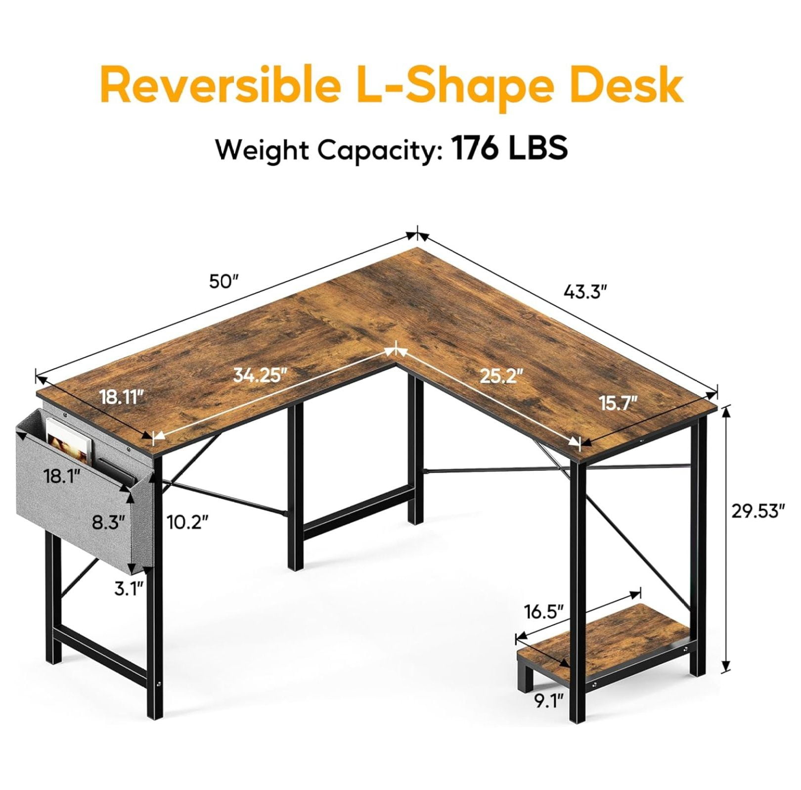 50 Inches L Shaped Home Office Computer Desk Reversible Corner Table PC with Wood Metal Frame CPU Stand Side Bag for Gaming, Working and Studying, Rustic