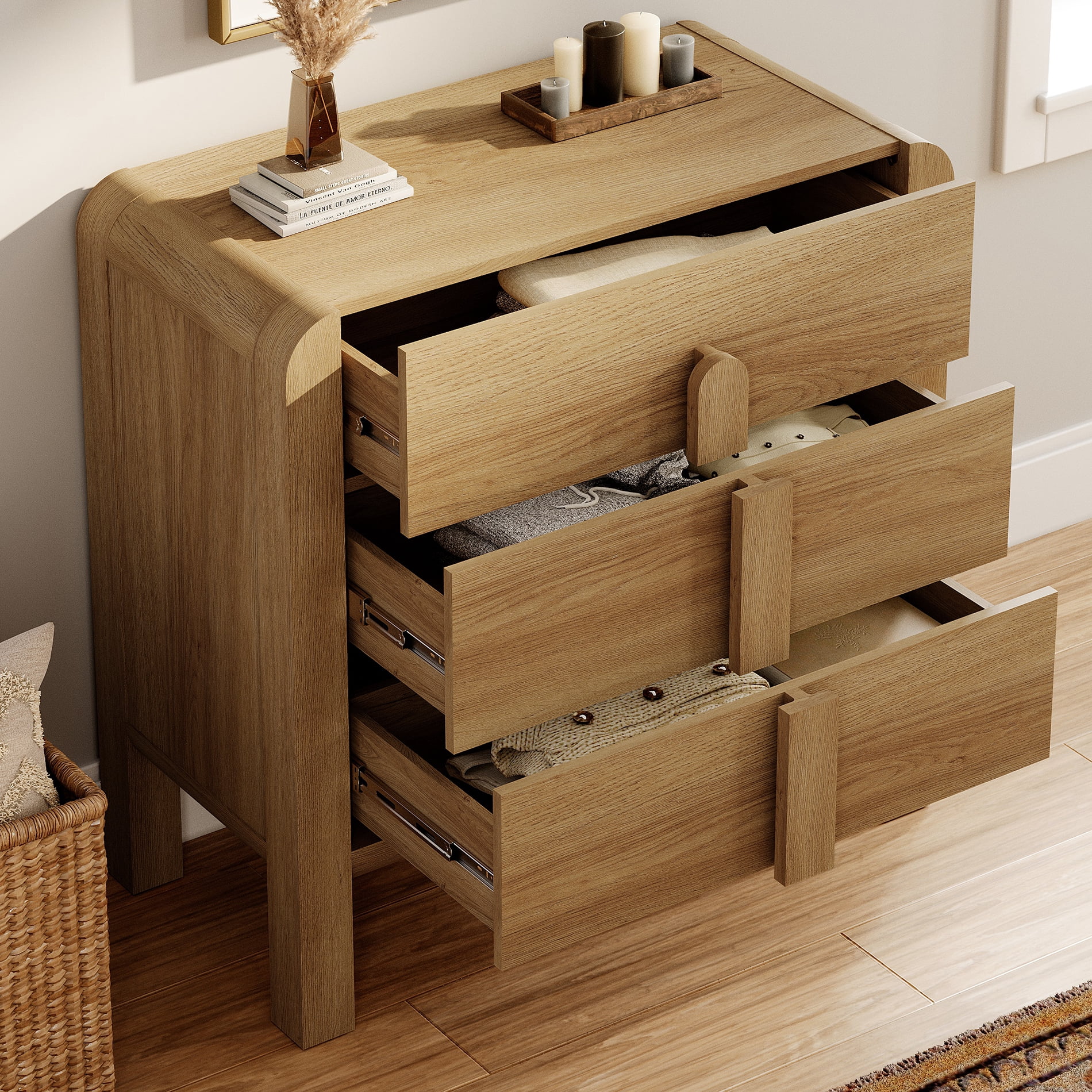 Mid-Century Modern Wood Nightstand with 3 Drawers ,31.5" Large End Table,Curved Bedside Table Storage Cabinet for Bedroom, Living Room,Entryway