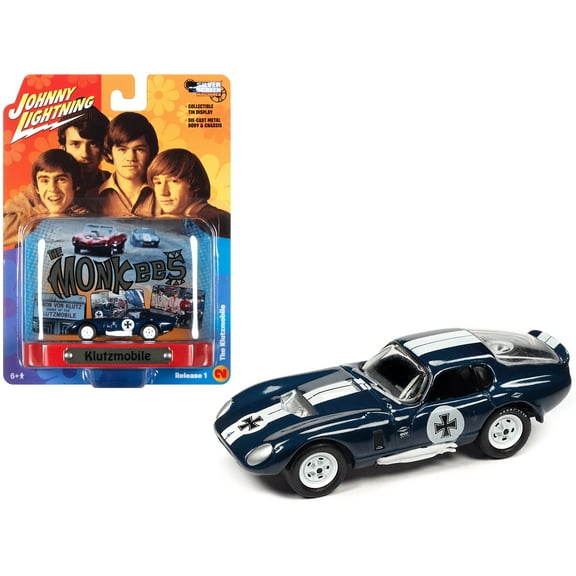 Shelby Cobra Daytona "Klutzmobile" Blue Met. w/White Stripes "The Monkees" w/Display 1/64 Diecast Model Car by Johnny Lightning