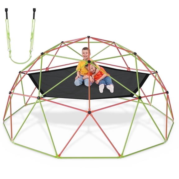 Naipo 10FT Climbing Dome with Hammock Swing Kids Outdoor Jungle Gym Playground Climber 500 lbs Gift for Juniors Orange and Green