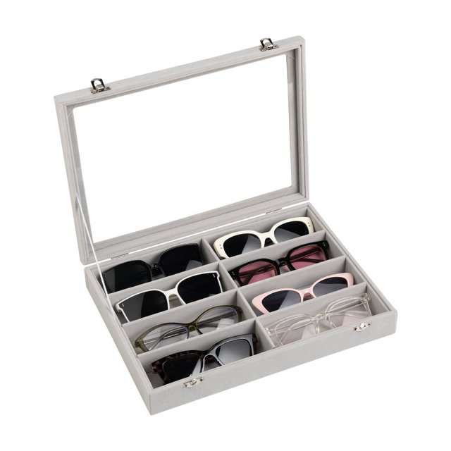 Organizador de gafas de sol Frebeauty, bandeja de 8 ranuras con tapa transparente, color gris