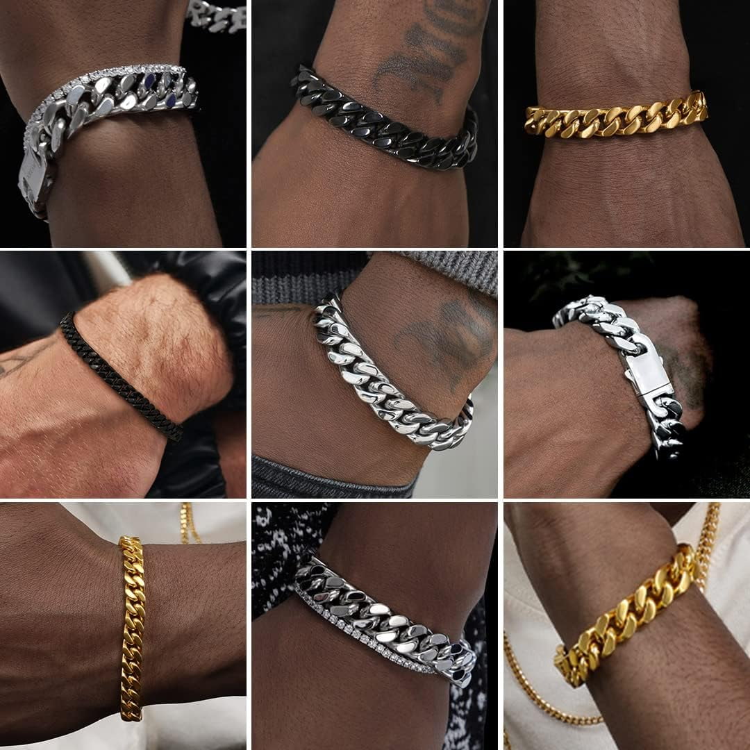 Leander Stainless Steel Cuban Link Bracelet for Men, 5mm/7mm/9mm/12mm Width, 7.5"/8.3"/9" Length, Black/18K Gold Plated Chain Wrist Bracelets for Men, with Gift Box