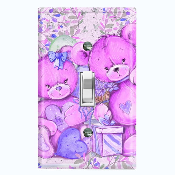 Metal Light Switch Wall Plate Outlet Cover (2 Teddy Bears Purple Pink With Love Heart Balloon Flower - Single Toggle)