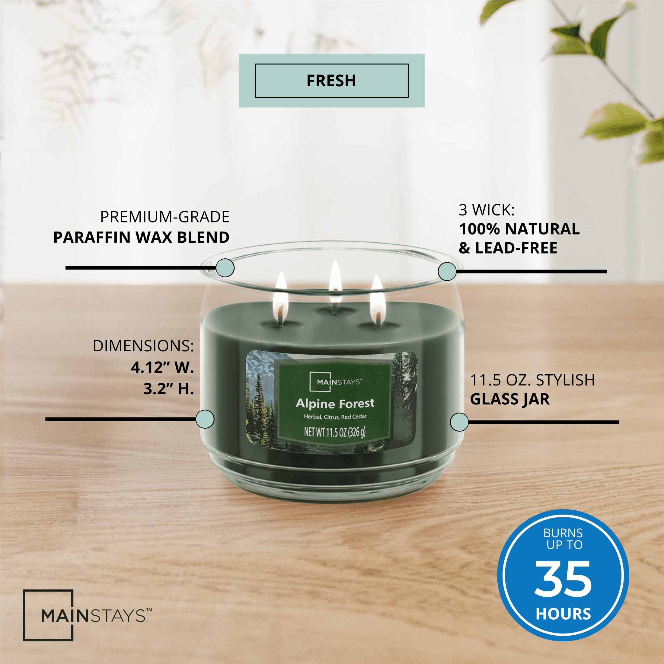Mainstays 3-Wick Scented Glass Jar Candle, Alpine Forest, 11.5oz.