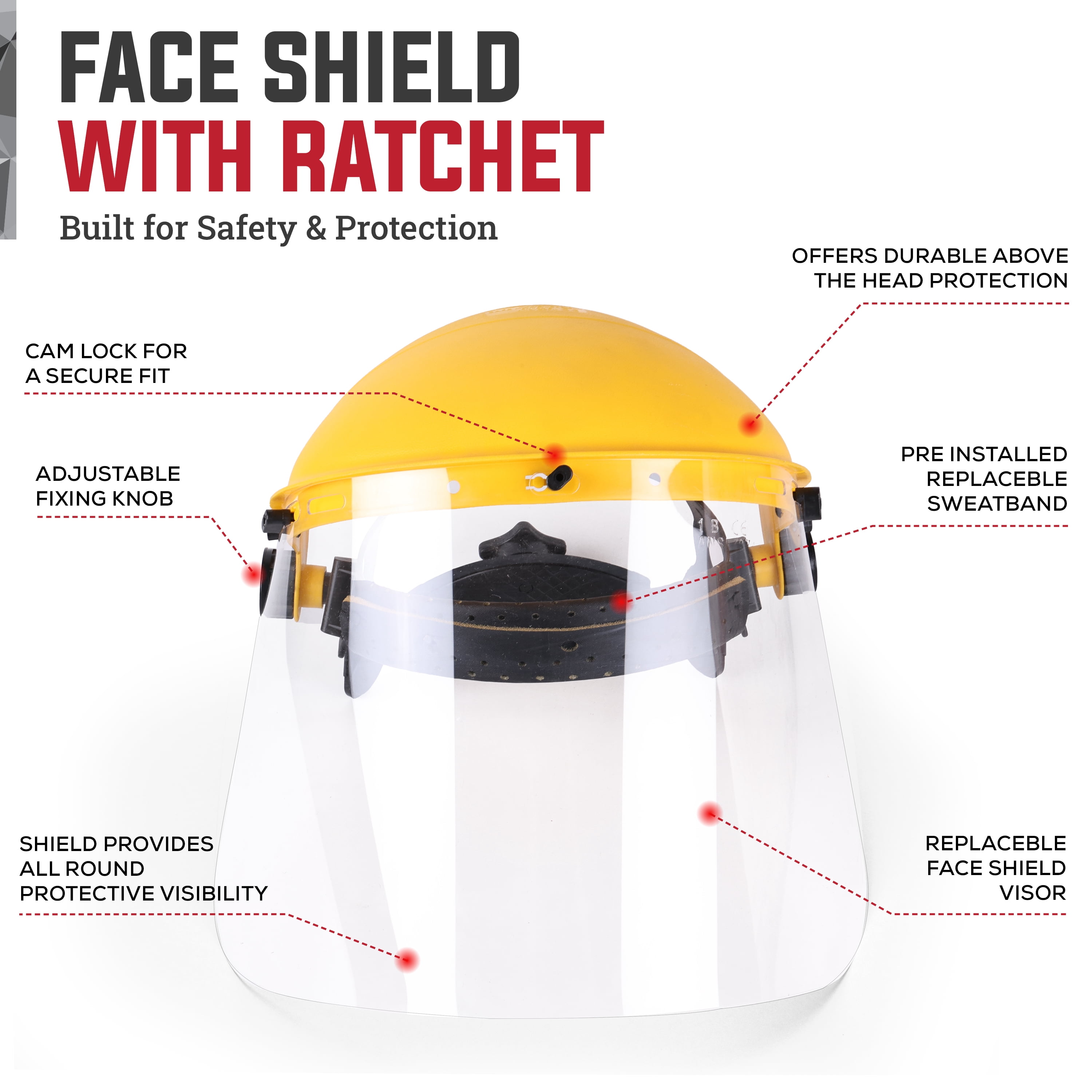 Safe handler Face Shield with Ratchet, Reusable Full Facial Protection, Yellow (Pack of 1)