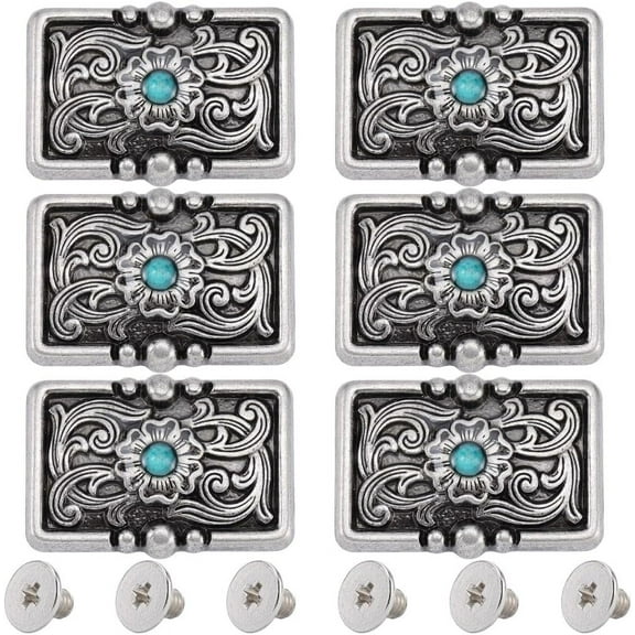 1 Box 6Pcs Decorative Conchos Buckles Rectangle Retro Screw Back Green Synthetic Turquoise Badge Flower Metal Buttons Replacement for DIY Leather Sewing Craft Purse Bags Decor 1.32x0.93in