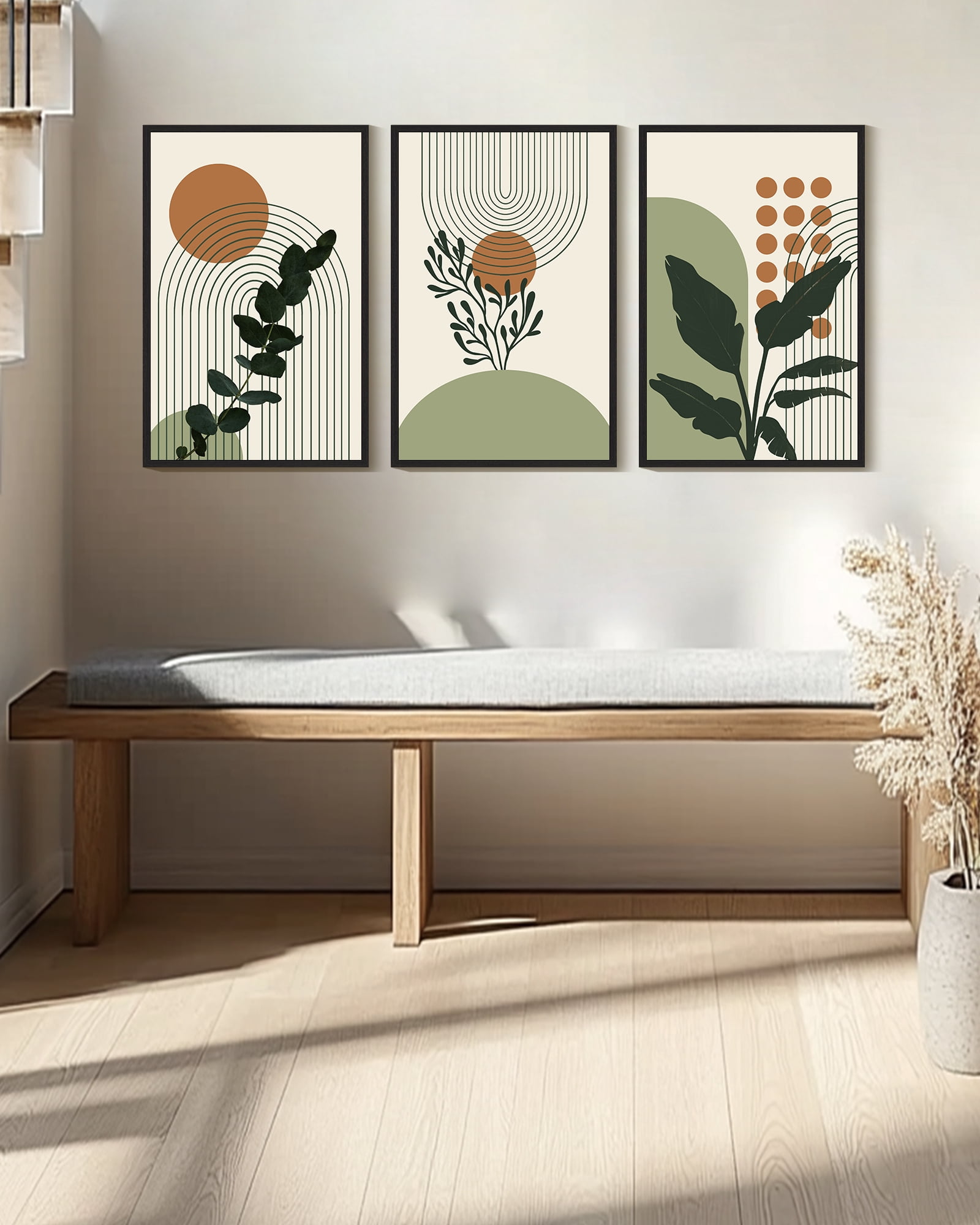 Drsoum 16x24in3pcs Black Framed Boho Plant Wall Decor Green Botanical Bohemain Wall Printing Abstract Prints with Leaf & Sun Lines Art