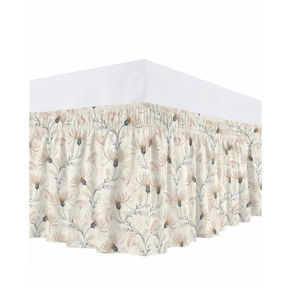 Yellow Flower Bed Skirt Queen Size 18 Inch Drop, Country Plant Retro Watercolor Texture Adjustable Elastic Dust Ruffles Bedskirt for Queen Bed Wrap Around Pleated Mattress Frame Cover