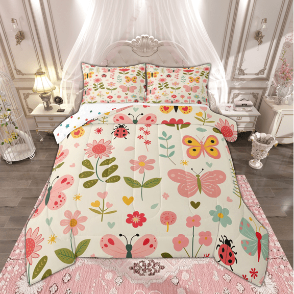Manfei Chic Butterfly Bedding Comforter Set for Kids Girls, Groovy Floral Twin Comforter Sets, Cartoon Wildlife Animal Bedding Set, Lightweight Room Decor, Reversible 2pcs