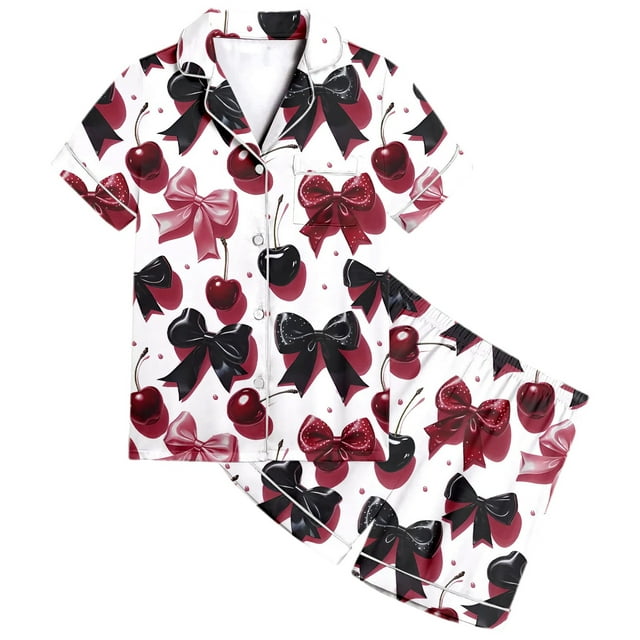Ensemble de Pyjama Imprimé Nœud Cerise pour Filles, Manches Courtes, Confortable, Col Rond, pour Enfants de 2 à 13 Ans