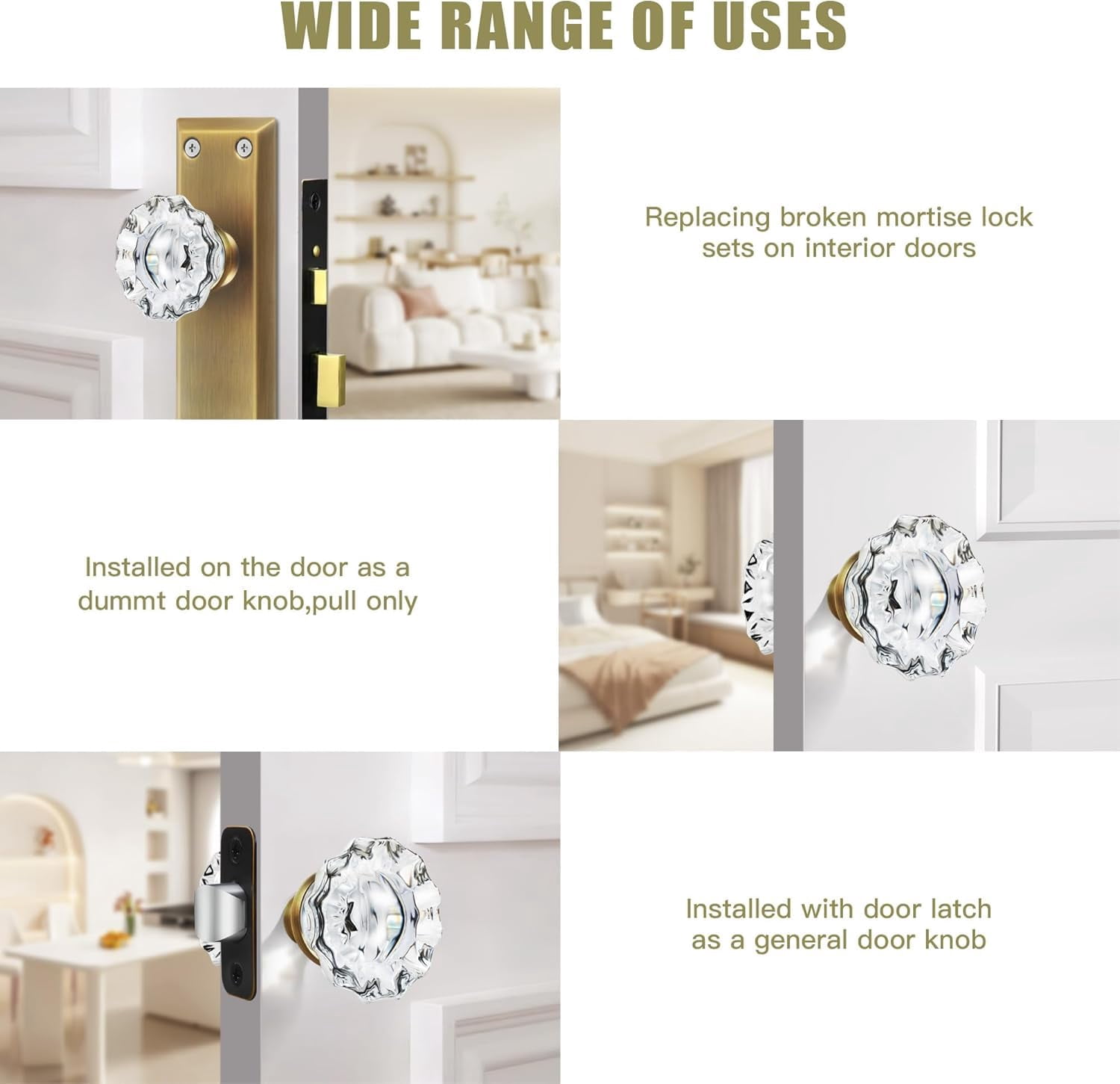 Mortise Lock Crystal Glass Door Knob Replacement Set, Brass Finish Base