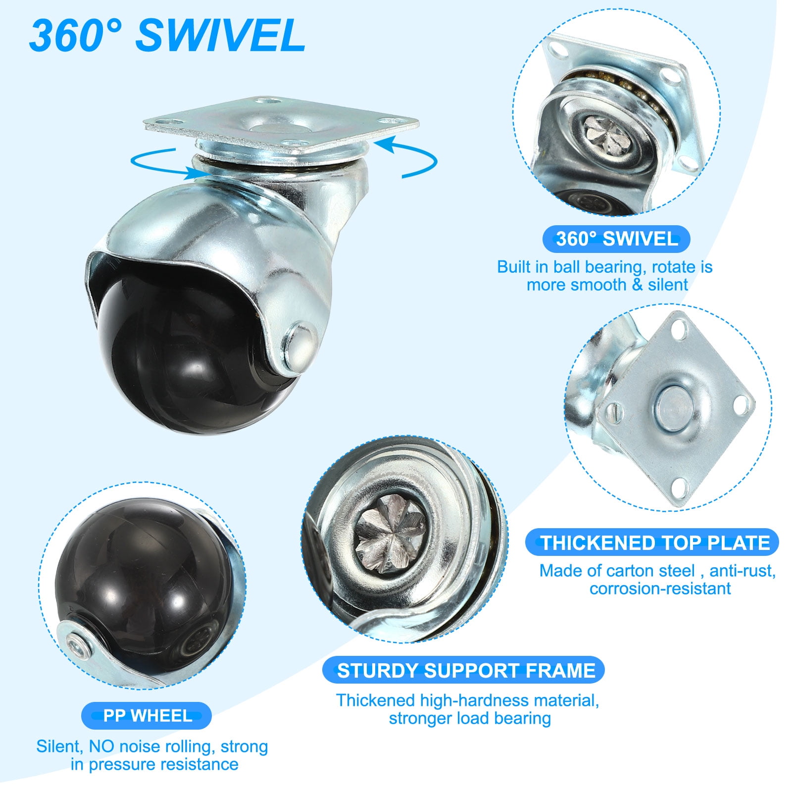 1.5 Inch Ball Casters 360 Rotating Top Plate Wheels for Furniture Silver 4 Pack