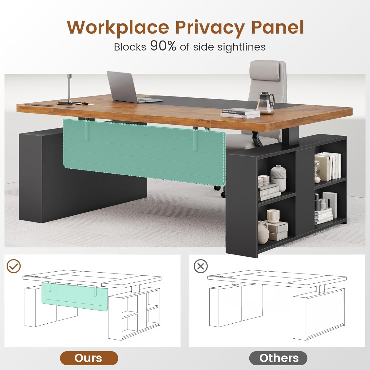 SEDETA 63" Standing Office Desk with Storage, Height Adjustable Executive Desk witj Power Outlets & Open Shelves, Large Computer Desk with Privacy Panel for Home Office, Black
