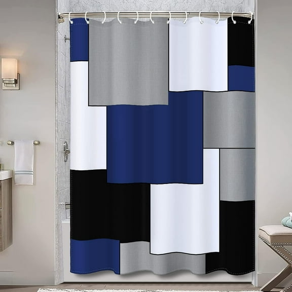 Extra Long Shower Curtain 84 Inch Length Shower Curtain Set with 12 Whitw Hooks - Navy Blue Shower Curtain Waterproof Fabric